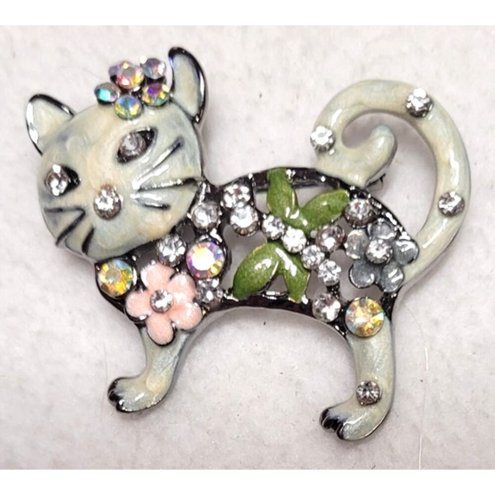 Vtg Silver Tone Enamel Cat Kitty Brooch Pin with Rhinestones & Floral Detail